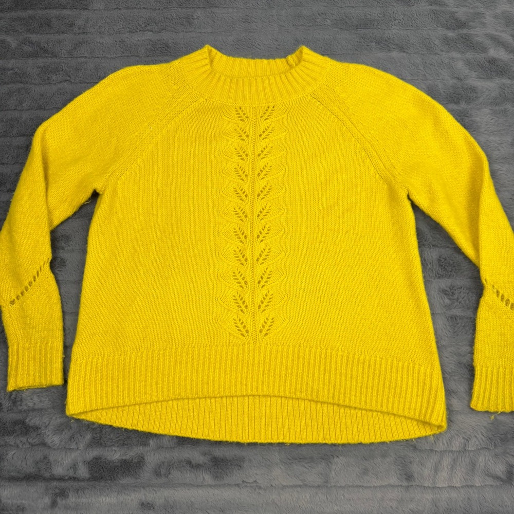 LOFT Petites Yellow Pointelle Leaf Knit Sweater XSP 521335 Wool Blend Crew Neck